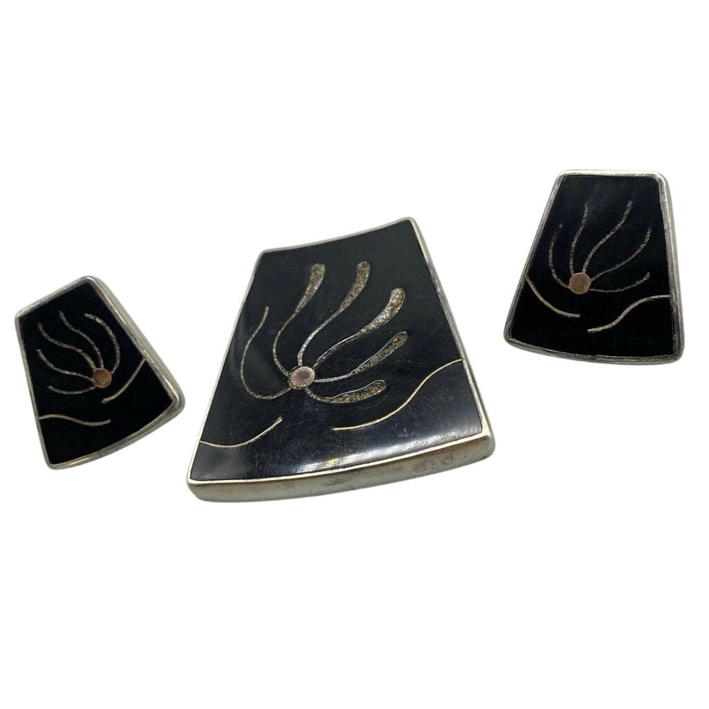 Vtg Mid Century Modernists Sterling‎ Black Onyx Earrings/pendant set Taxco Beto